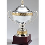 Silver Plated Italian Trophy Cups with Gold Bands on Rosewood Base