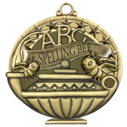 Gold Decade Awards Spelling Bee Honeycomb Medal Customize Now Spelling B Medallion with Honeycomb Neckband Silver or Bronze 3.25 Inch Wide