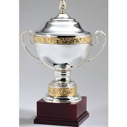 Silver Plated Italian Trophy Cups with Gold Bands on Rosewood Base