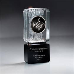 Carved Clear Crystal Award on Black Base with Logo Medallion