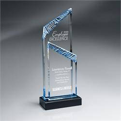 Chisel Carved Lucite Switchback Towers Award w/Blue Mirror on Black Marble Base