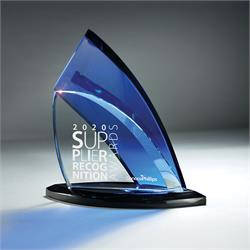 Clear and Blue Glass Award on Black Base
